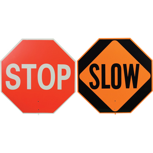 Double-Sided "Stop/Slow" Traffic Control Sign, 18" x 18", Plastic, English with Pictogram Cam Industrial