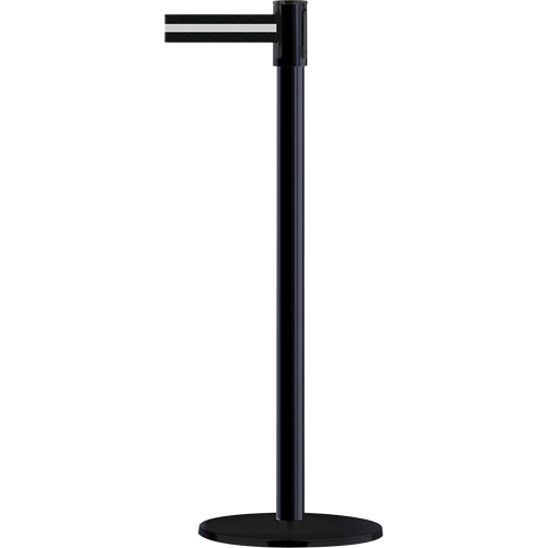 Slimline TensaBarrier&reg; Barrier Post, Steel, 38" H, Black/White Tape, 7.5' Tape Length Cam Industrial