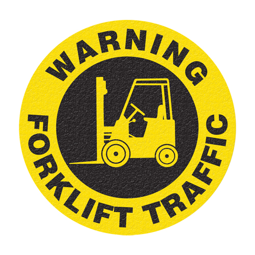 Panneau de signalisation au sol  Warning Forklift Traffic , Adh&eacute;sif, Anglais avec pictogramme Cam Industrial