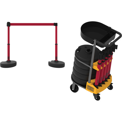 PLUS Barrier Post Cart Kit with Tray, 75' L, Metal, Yellow Cam Industrial