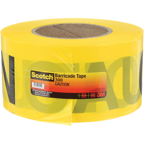 Ruban pour barri&egrave;res pour services publics souterrains Scotch, Anglais, 3" la x 1000' lo, 2 mils, Noir sur jaune Cam Industrial