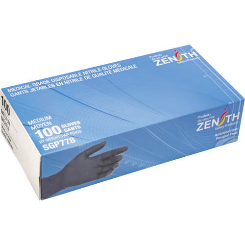 Gants jetables de calibre m&eacute;dical r&eacute;sistants &agrave; la perforation, Moyen, Nitrile, 5 mils, Sans poudre, Noir, Classe 2 Cam Industrial