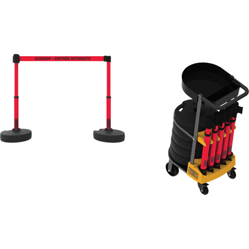 Syst&egrave;me de barri&egrave;re &agrave; chariot portatif avec plateau Plus, 75' lo, M&eacute;tal/Plastique, Rouge Cam Industrial
