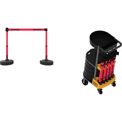 Plus Portable Barrier System Cart Package with Tray, 75' L, Metal/Plastic, Red Cam Industrial