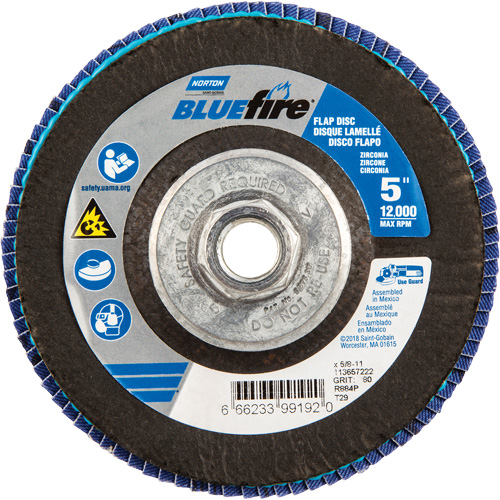 BlueFire&reg; Flap Disc, 5" x 5/8"-11, Type 29, 80 Grit, Zirconia Alumina Cam Industrial