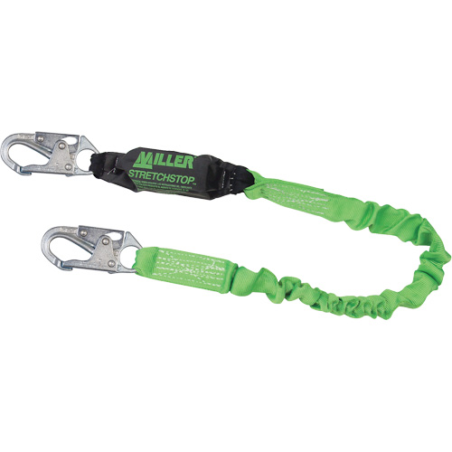 Longe &agrave; amortisseur de choc Miller StretchStop, 6', Point d'ancrage &agrave; Mousqueton verrouillable, Mousqueton verrouillable aux jambes, Polyester Cam Industrial