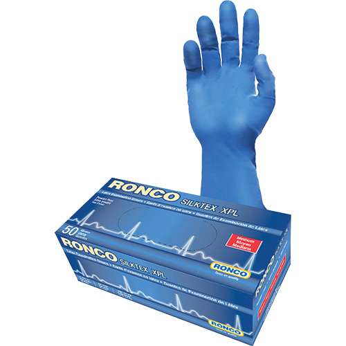 Gant d'examen extra long SilkTex XPL, Moyen, Latex, 13 mils, Sans poudre, Bleu, Classe 2 Cam Industrial