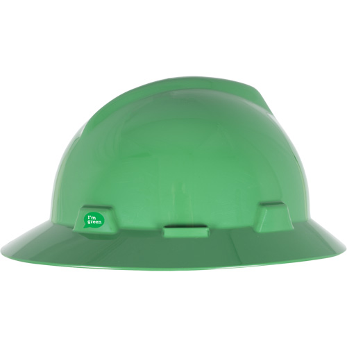 Casque de s&eacute;curit&eacute; &agrave; bord complet V-Gard GREEN avec fentes, R&eacute;pond aux normes CSA type 1, Suspension Rochet Cam Industrial