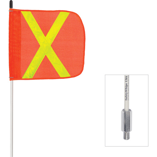 Fanion &agrave; tige en fibre de verre non aliment&eacute; Safety Whip, Fixation Filet&eacute;, Hauteur 6', Orange avec X r&eacute;fl&eacute;chissant Cam Industrial