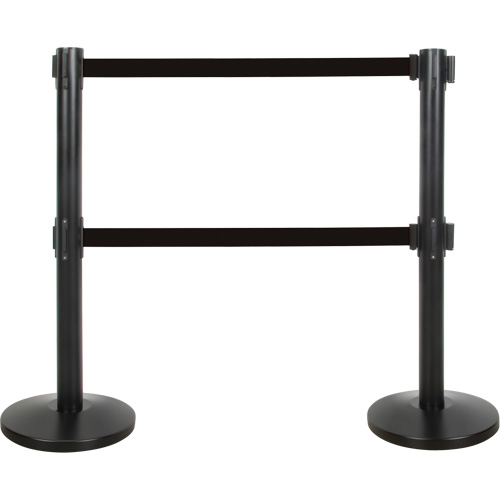 Barri&egrave;re pour le contr&ocirc;le des foules &agrave; courroie double, Acier, 35" h, Ruban Noir, Longueur du ruban 7' Cam Industrial
