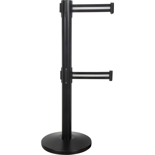 Barri&egrave;re pour le contr&ocirc;le des foules &agrave; courroie double, Acier, 35" h, Ruban Noir/Blanc, Longueur du ruban 7' Cam Industrial
