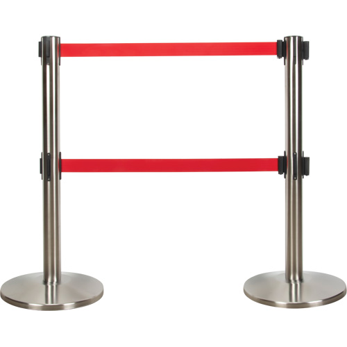 Dual Belt Crowd Control Barrier, Steel, 35" H, Red Tape, 7' Tape Length Cam Industrial