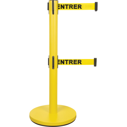 Barri&egrave;re pour le contr&ocirc;le des foules &agrave; courroie double, Acier, 35" h, Ruban Jaune, Longueur du ruban 7' Cam Industrial