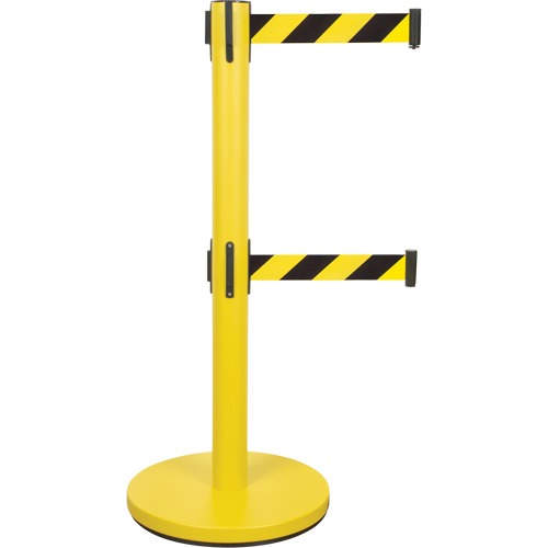 Dual Belt Crowd Control Barrier, Steel, 35" H, Black/Yellow Tape, 7' Tape Length Cam Industrial