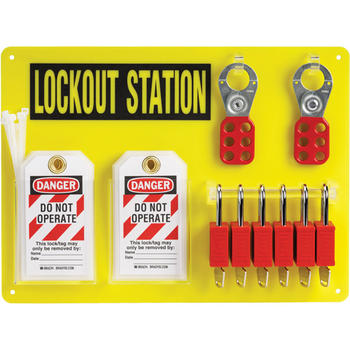 Tableau de cadenassage et &eacute;tiquetage avec cadenas de s&eacute;curit&eacute; en nylon utilisant des cl&eacute;s identiques, Cadenas Plastique, Capacit&eacute; de 6, Cadenas Compris Cam Industrial