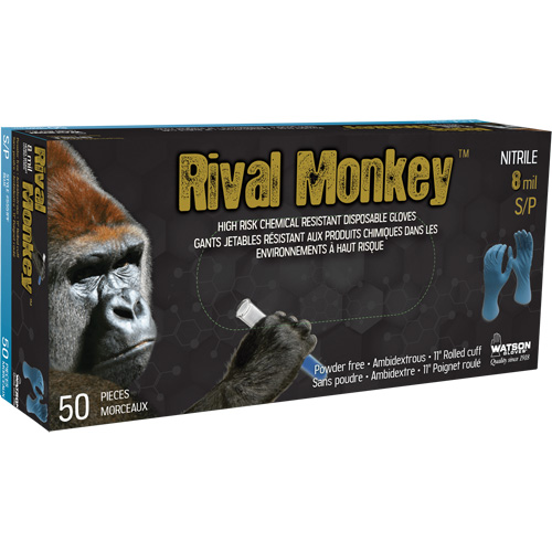 Gants jetables r&eacute;sistants aux produits chimiques &agrave; haut risque Rival Monkey, Moyen, Nitrile, 8 mils, Sans poudre, Bleu Cam Industrial