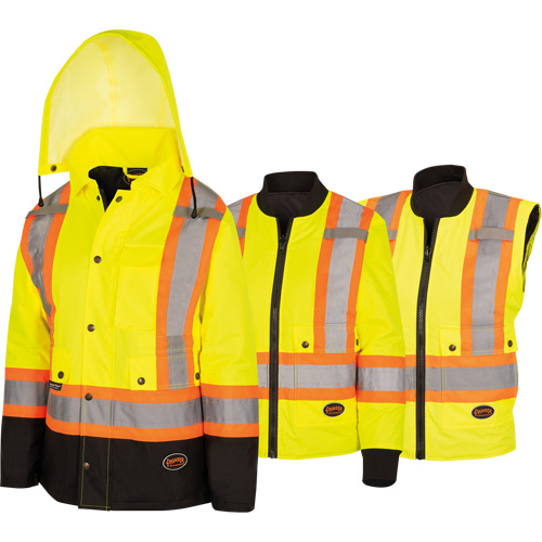 5021BBW Manteau 7 en 1 imperm&eacute;able pour femmes avec capuchon, Polyester/Polyur&eacute;thane, Jaune lime haute visibilit&eacute;, T-petit Cam Industrial