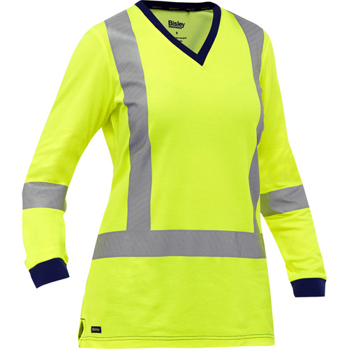 Bisley&reg; Women's X-Back Long Sleeve Shirt, Poly-Cotton, Small, High Visibility Lime-Yellow Cam Industrial