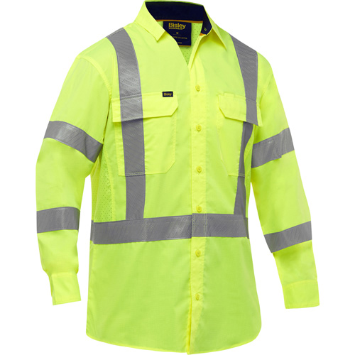 Bisley&reg; X-Back Long Sleeve Work Shirt with X-Airflow, Poly-Cotton, Small, High Visibility Lime-Yellow Cam Industrial