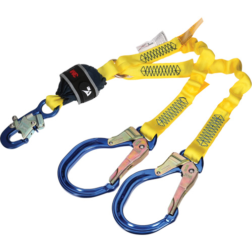 Twin-Leg Stretch Web Shock-Absorbing Lanyard, 4', Rebar Hook Center, Snap Hook Leg Ends Cam Industrial