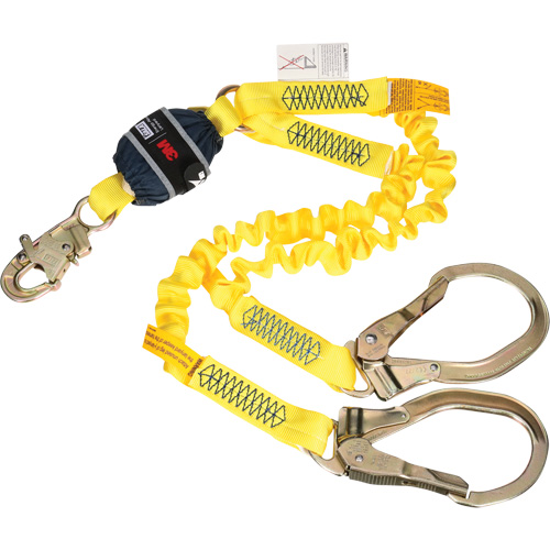 Twin-Leg Stretch Web Shock-Absorbing Lanyard, 6', Rebar Hook Center, Snap Hook Leg Ends Cam Industrial