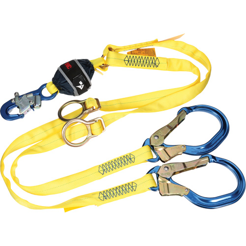 Twin-Leg Tie-Back Web Shock-Absorbing Lanyard, 6', Rebar Hook Center, Snap Hook Leg Ends, Polyester Cam Industrial
