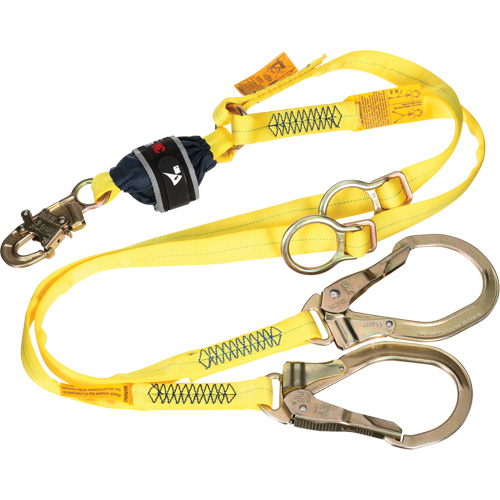 Twin-Leg Tie-Back Web Shock-Absorbing Lanyard, 6', Rebar Hook Center, Snap Hook Leg Ends, Polyester Cam Industrial