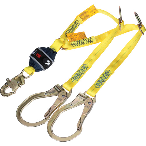 Twin-Leg Tie-Back Web Shock-Absorbing Lanyard, 4', Rebar Hook Center, Snap Hook Leg Ends, Polyester Cam Industrial