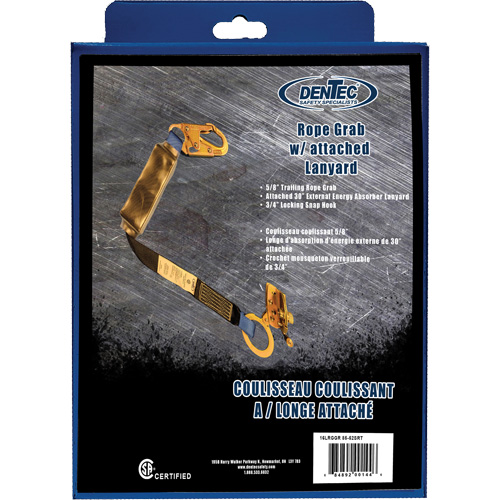 Trailing Rope Grab with Attached Shock Pack Lanyard in Retail Box, 2', Snap Hook Center, Snap Hook Leg Ends, Polyester Cam Industrial