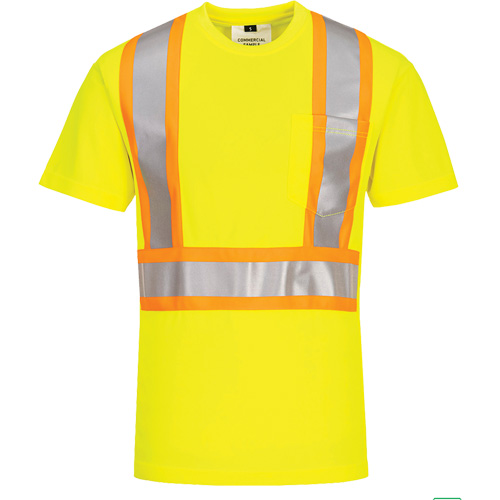 Contrast-Striped Safety T-Shirt, Polyester, Small, High Visibility Lime-Yellow Cam Industrial