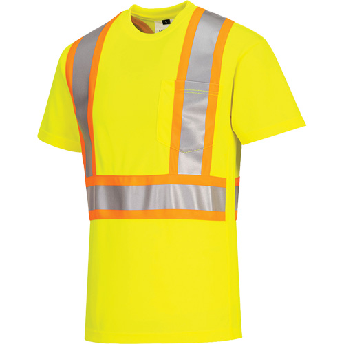 Contrast-Striped Safety T-Shirt, Polyester, Small, High Visibility Lime-Yellow Cam Industrial