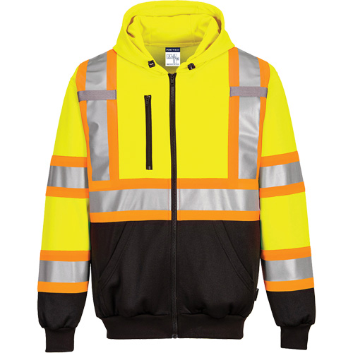 Chandail de s&eacute;curit&eacute; &agrave; capuchon avec bandes contrastantes, Petit, Noir/Jaune lime haute visibilit&eacute; Cam Industrial