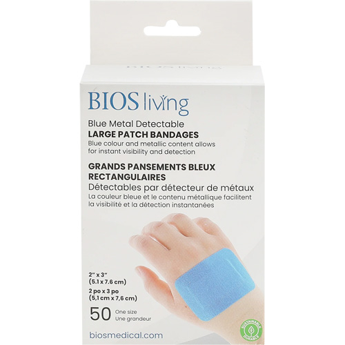 Blue Large Patch Bandages, Rectangular/Square, 3", Fabric Metal Detectable, Sterile Cam Industrial