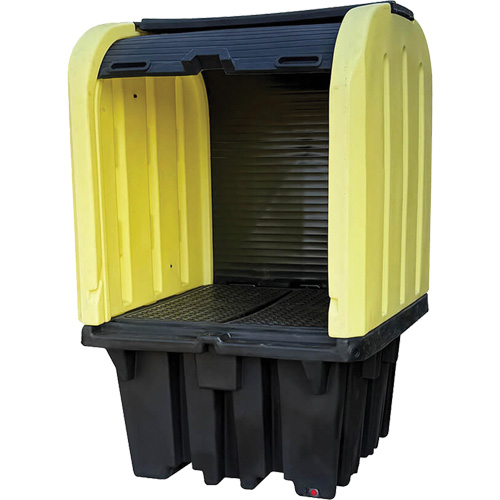 Yellow Roll Top Hardcover Spill Pallet with Drain, 65" L x 65" W x 101" H, 5000 lbs. Load Capacity Cam Industrial