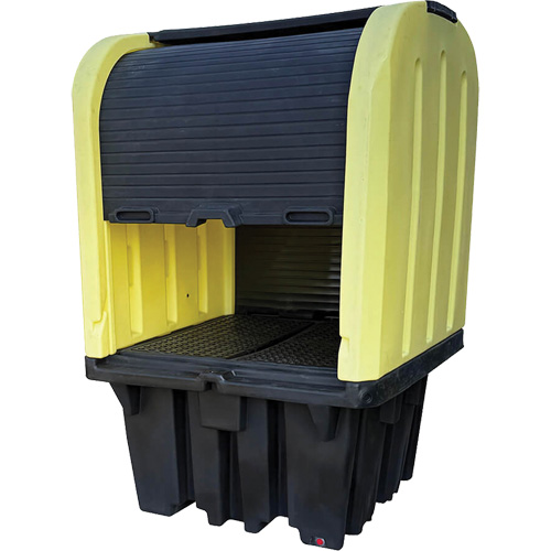 Yellow Roll Top Hardcover Spill Pallet with Drain, 65" L x 65" W x 101" H, 5000 lbs. Load Capacity Cam Industrial