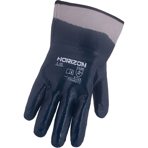Gants bleu marine avec manchettes renforc&eacute;es &agrave; entoilage coll&eacute; Horizon, 2T-Grand, R&ecirc;vetement Nitrile, Enveloppe en Jersey/Coton Cam Industrial