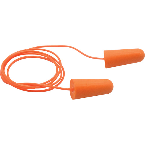 Bouchons d'oreilles coniques jetables en mousse de PU orange SEALTEC33, Avec cordon, Vrac - Boîte, 33 dB NRR, Taille unique Cam Industrial