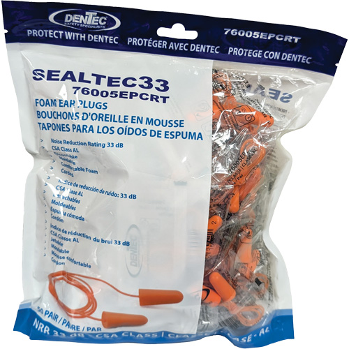 Bouchons d'oreilles coniques jetables en mousse de PU orange SEALTEC33, Vrac - Sac en poly, Avec cordon Cam Industrial
