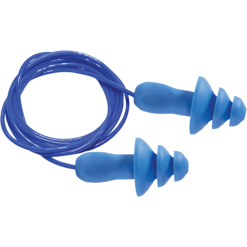 Bouchons d'oreilles r&eacute;utilisables bleus 100 % d&eacute;tectables par m&eacute;tal SEALTEC TipGrip, Avec cordon, Taille unique, Vrac - Boîte, NRR dB 26 dB Cam Industrial