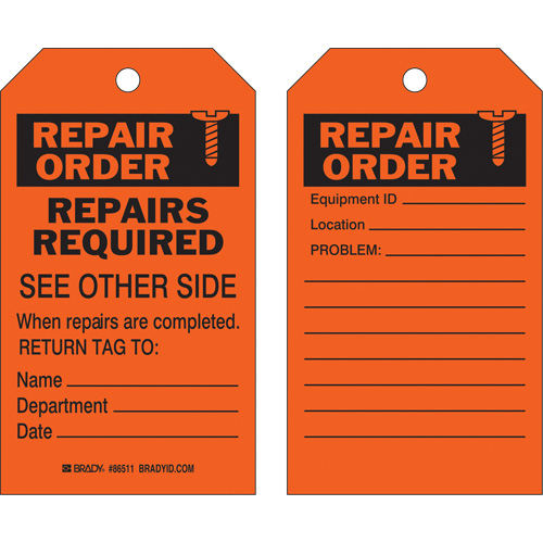Safety Repair Tag, Polyester, 4" W x 7" H, English Cam Industrial