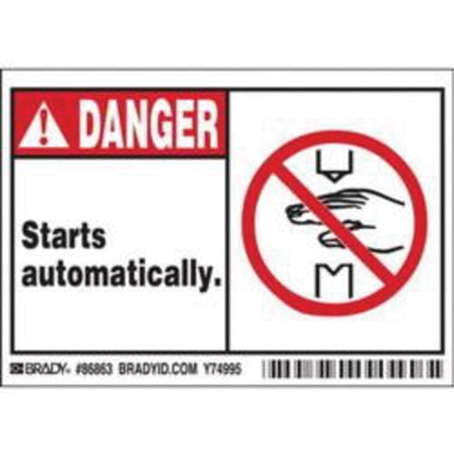 "Danger Starts Automatically" Sign, 3-1/2" x 5", Polyester, English with Pictogram Cam Industrial
