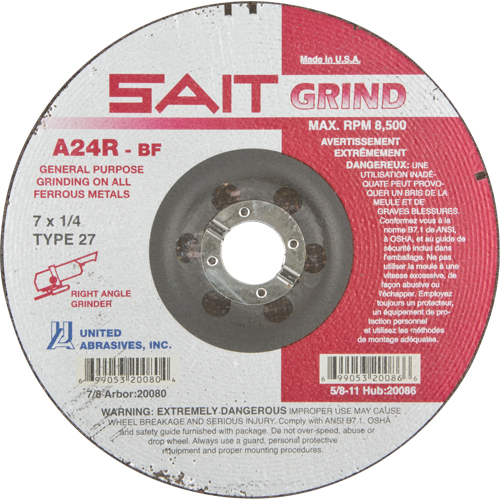A24R Long Life Grinding Wheel, 7" x 1/4", 7/8" Arbor, Aluminum Oxide, Type 27 Cam Industrial