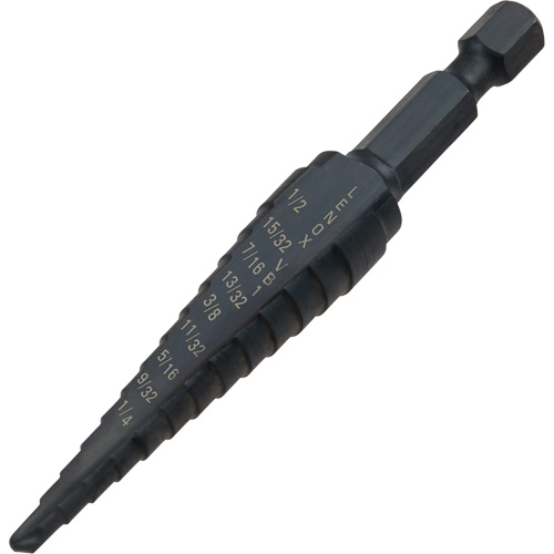 #1 Step Drill Bit, 1/8" - 1/2" , 1-3/2" Increments, High Speed Steel Cam Industrial