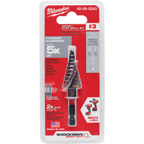 #3 Shockwave Impact Duty Step Drill Bit, 3/16" - 3/4" , 1/16" Increments, Titanium Cam Industrial