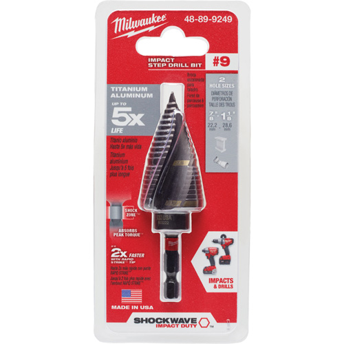#9 Shockwave Impact Duty Step Drill Bit, 7/8" - 1-1/8" , 1/4" Increments, Titanium Cam Industrial
