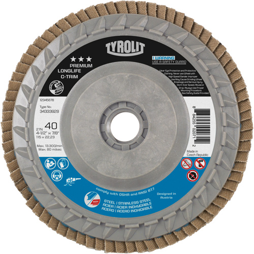 Disque &agrave; lamelles Long Life C-Trim, 4-1/2" x 5/8"-11, Type 27, Grain 40, Alumine de zirconium Cam Industrial