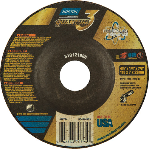 Quantum3 Grinding Wheel, 4-1/2" x 1/4", 7/8" Arbor, Ceramic Alumina, Type 27 Cam Industrial