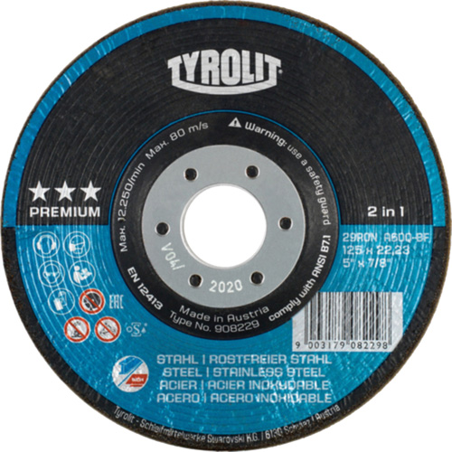 Rondeller Depressed Centre Grinding Wheel, 4-1/2", 36 Grit, 7/8", 13300 RPM, Type 29 Cam Industrial