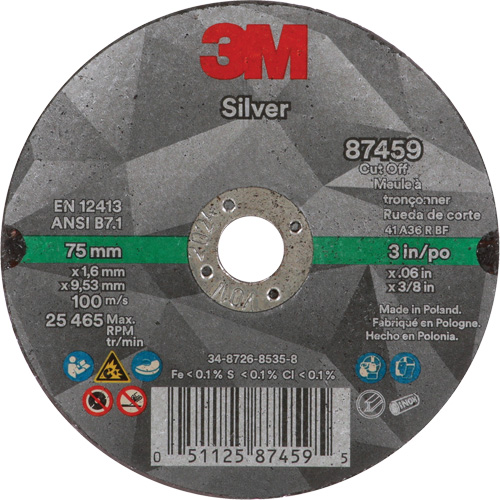Silver Cut-Off Wheel, 3" x 0.06", 3/8"-24 Arbor, Type 1, Ceramic, 25645 RPM Cam Industrial