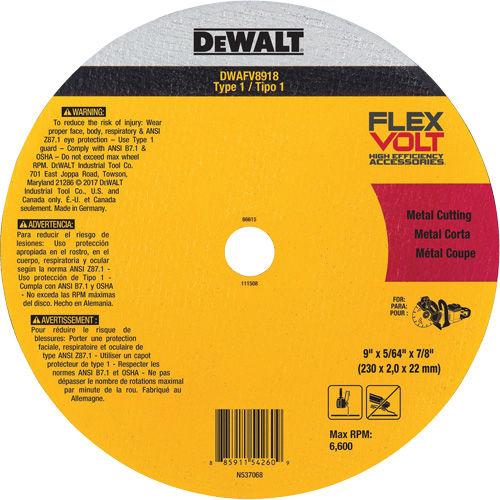 Meule de tronçonnage des m&eacute;taux FlexVolt, 9-1/16" x 0,078", Arbre 22,23 mm, C&eacute;ramique, Type 1 Cam Industrial
